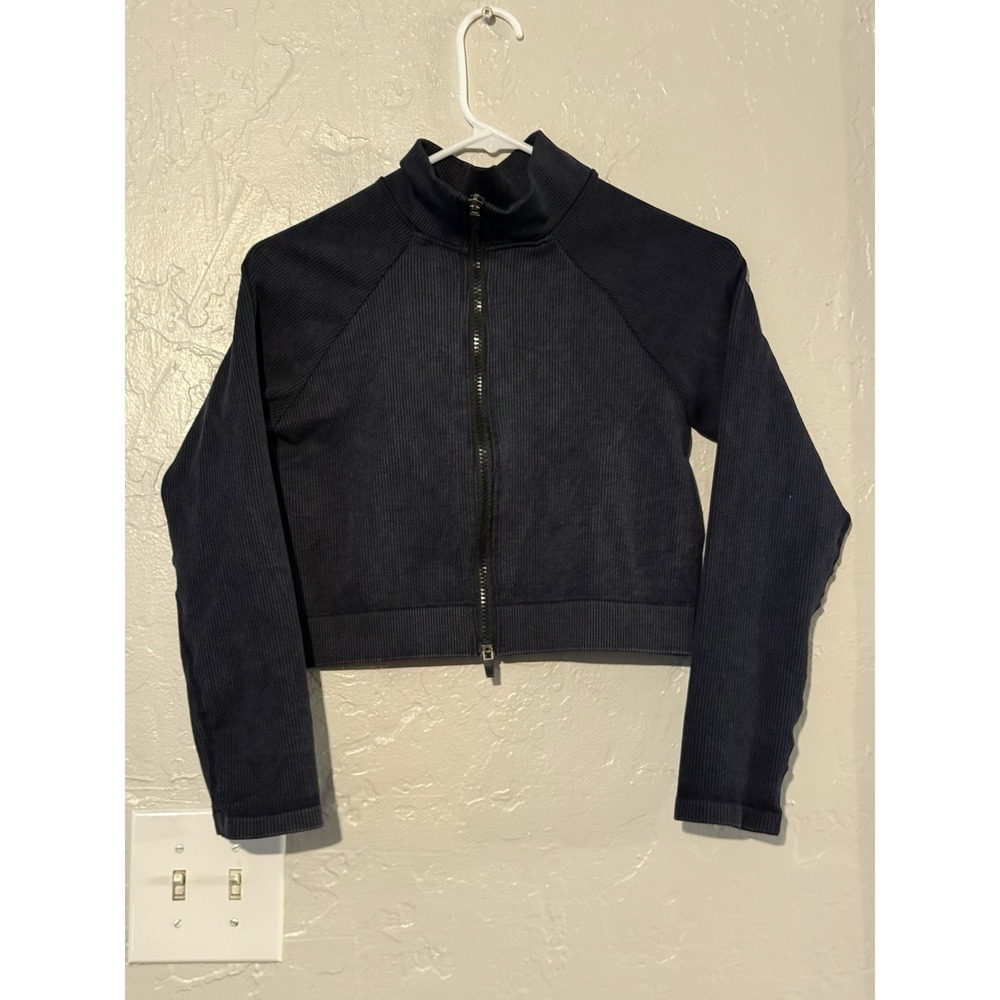 Women's Mono B Cropped Raglan Ribbed Zip-up Jacket Beige Navy M See Description